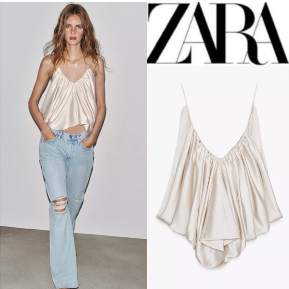 Zara Ivory Satin draped Camisole Top